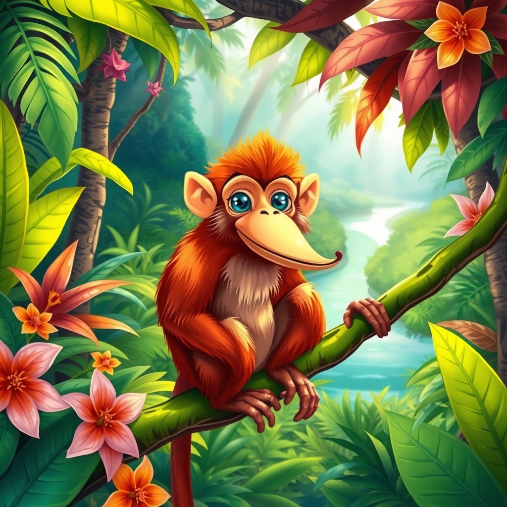A vibrant and detailed illustration of a proboscis monkey sitting gracefully on a lush green branch in a tropical rainforest