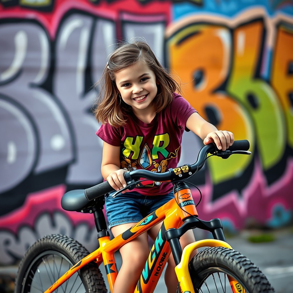 A young girl with a mischievous smile, posed confidently on a vibrant, urban 'bad bat' styled bicycle