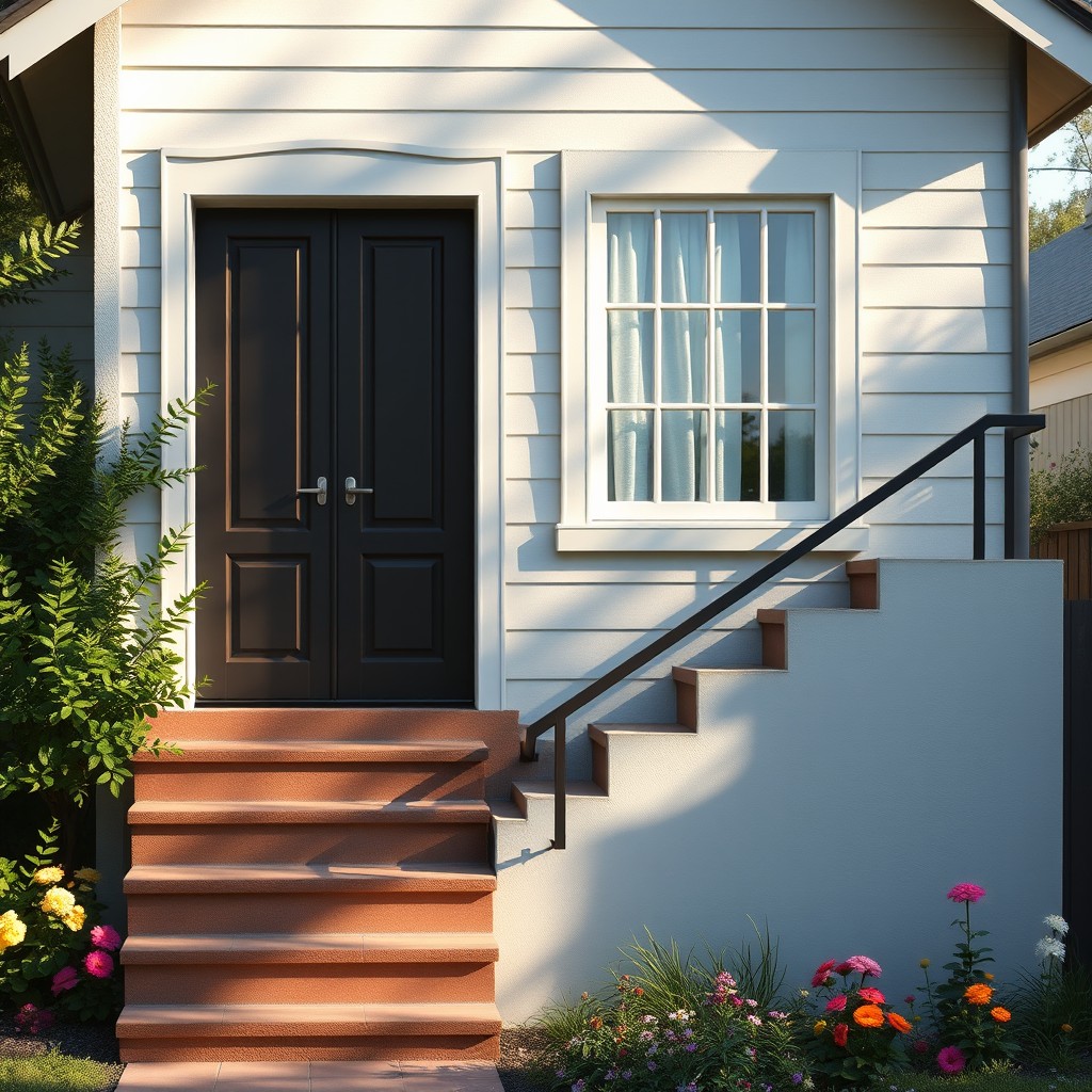 A charming house featuring a large floor-to-ceiling window positioned next to the front door