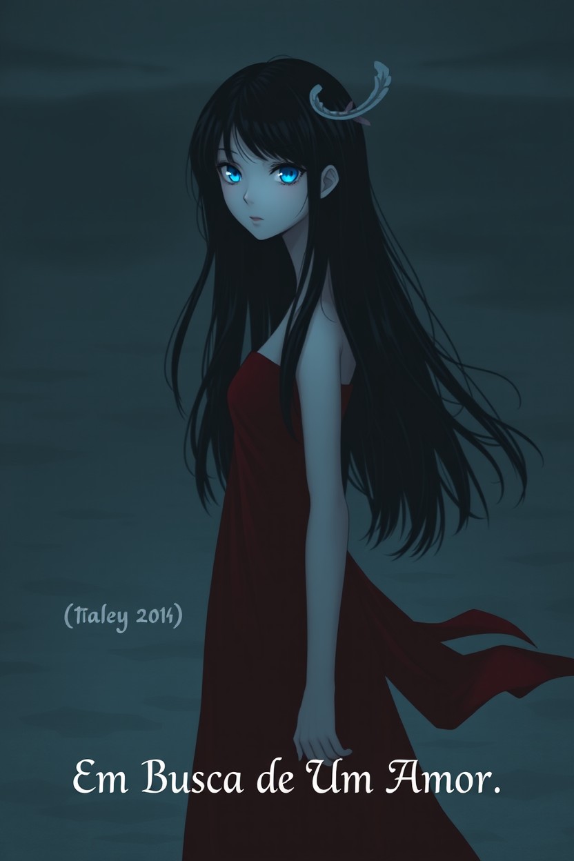 A girl with long black hair and bright blue eyes resembling the sky, with a slender figure wearing a flowing red dress