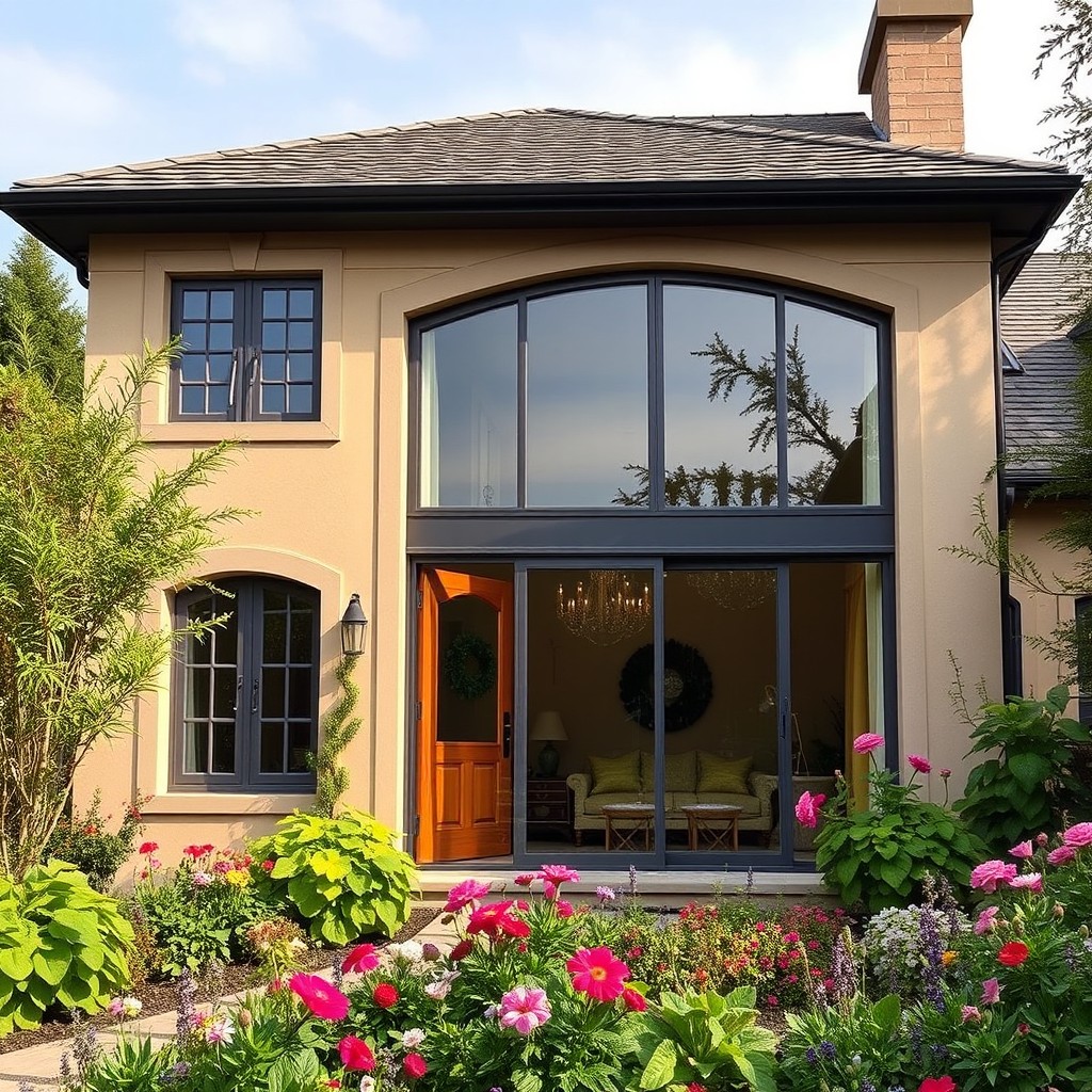 A beautiful house featuring a large floor-to-ceiling window situated right next to the front door