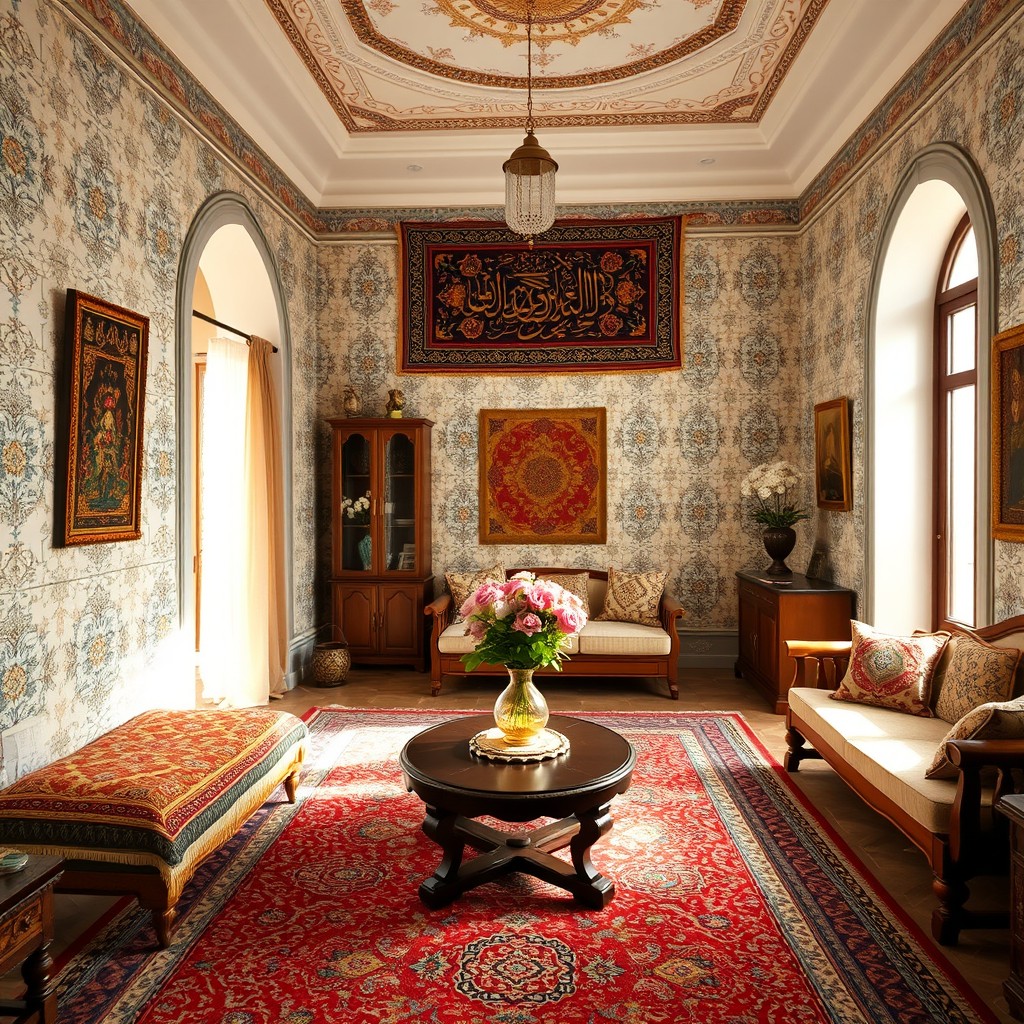 An interior view of a residential home designed in traditional Iranian style