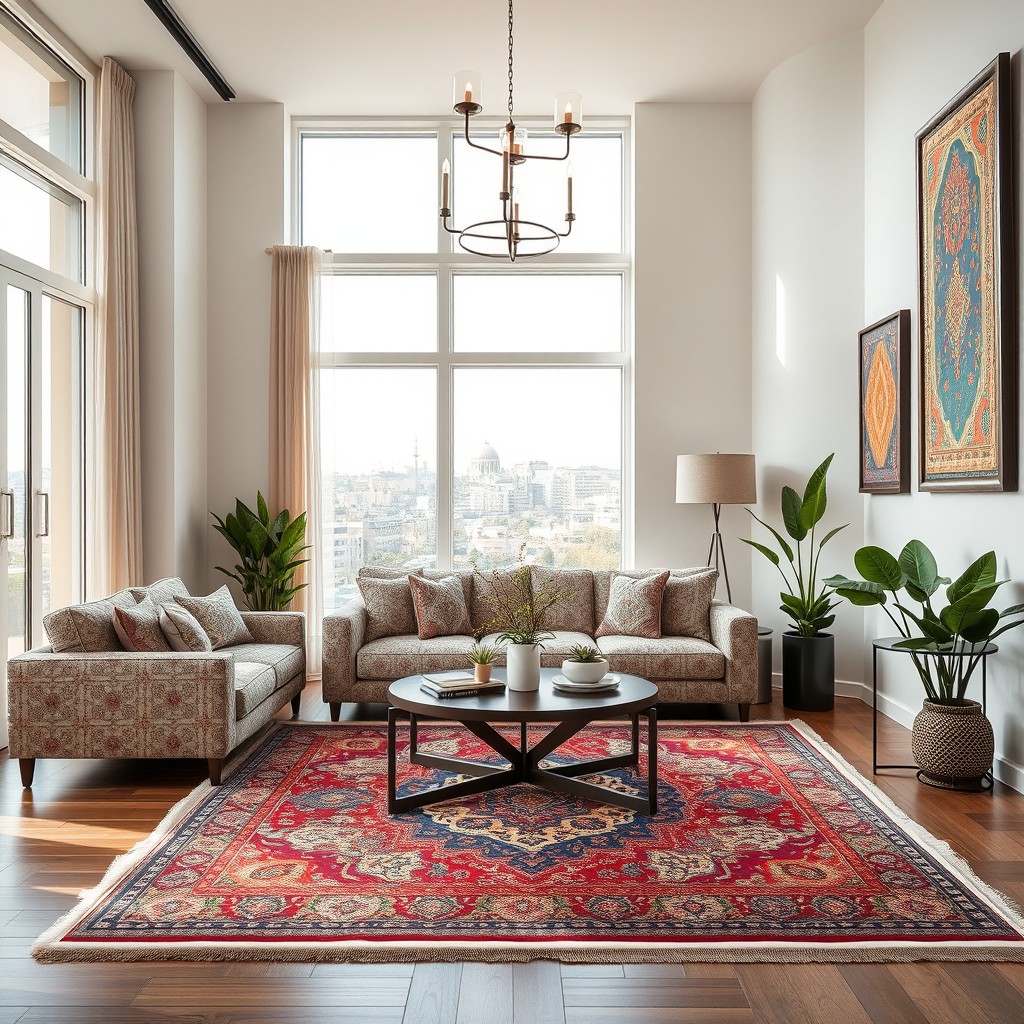 A modern living room interior featuring a blend of contemporary design and Iranian decor