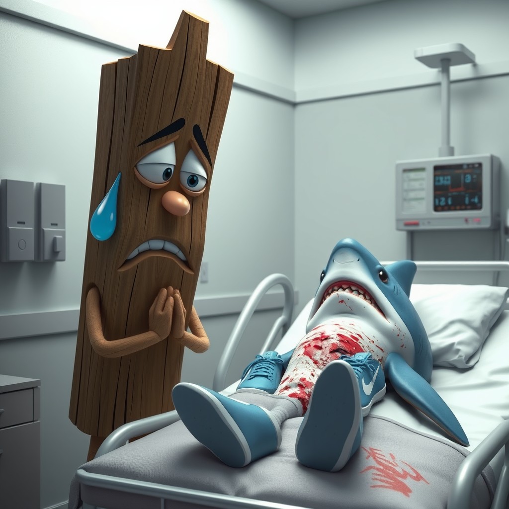 A highly emotional 3D-rendered cartoon scene inside a hospital room