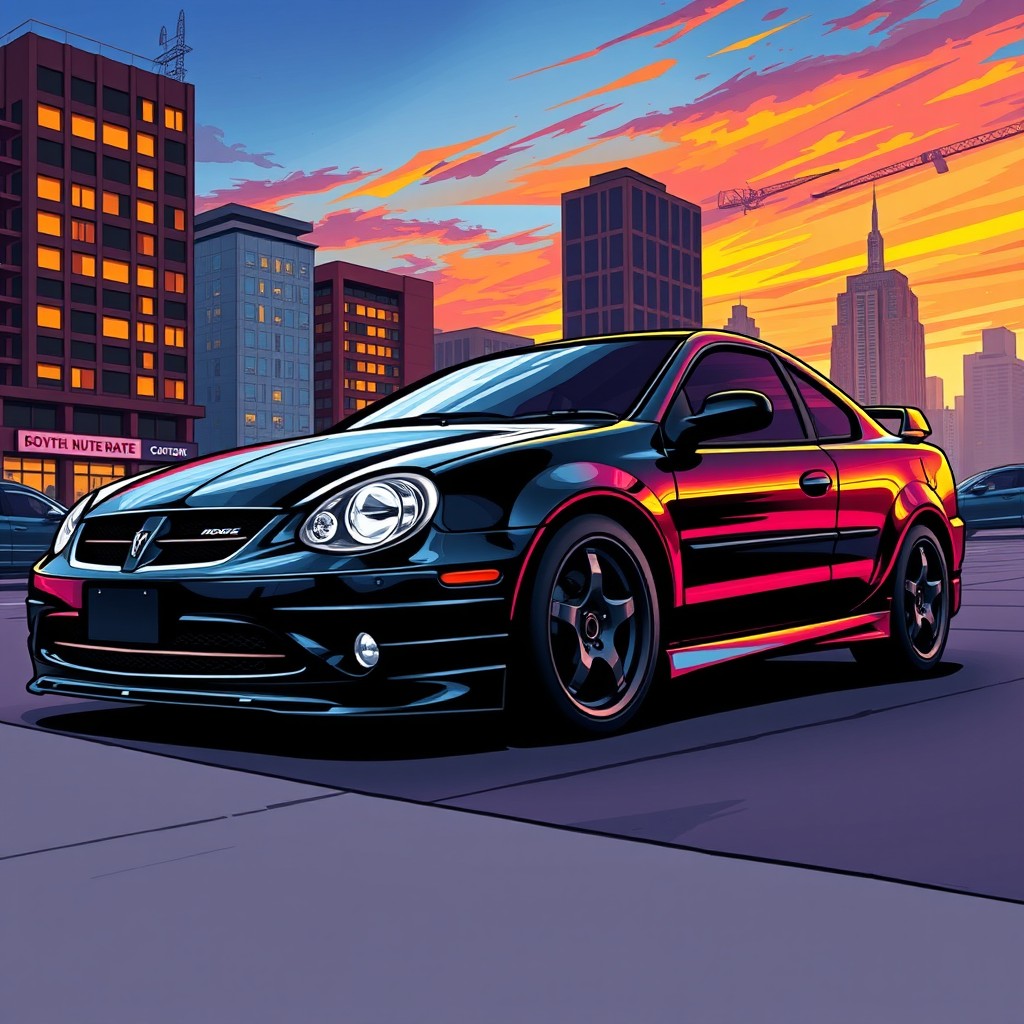 A vibrant color illustration of a black 2005 Dodge Neon with black rims, showcasing its sleek design and contours