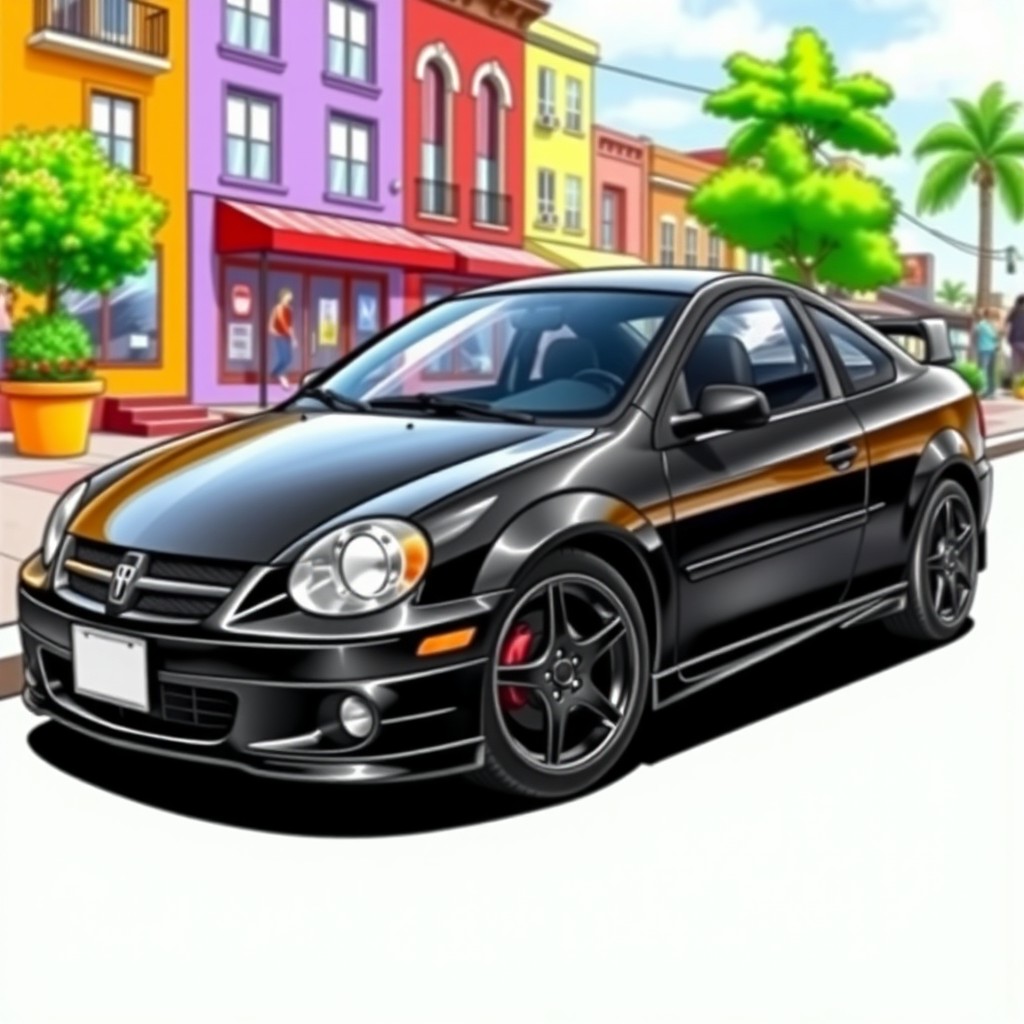 A colorful drawing of a 2005 black Dodge Neon with black rims, showcasing its sleek design and sporty appearance