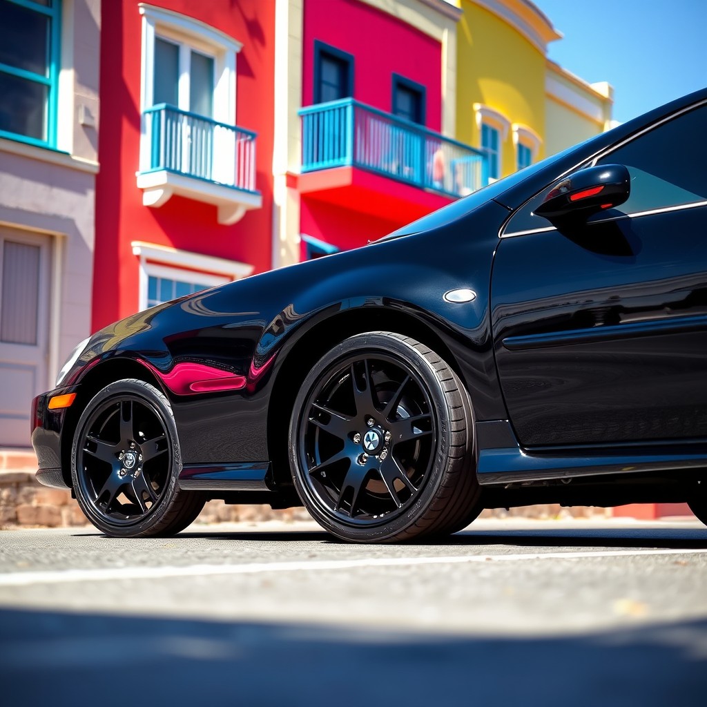 A sleek black 2005 Dodge Neon parked on a vibrant street, showcasing its stunning black alloy rims