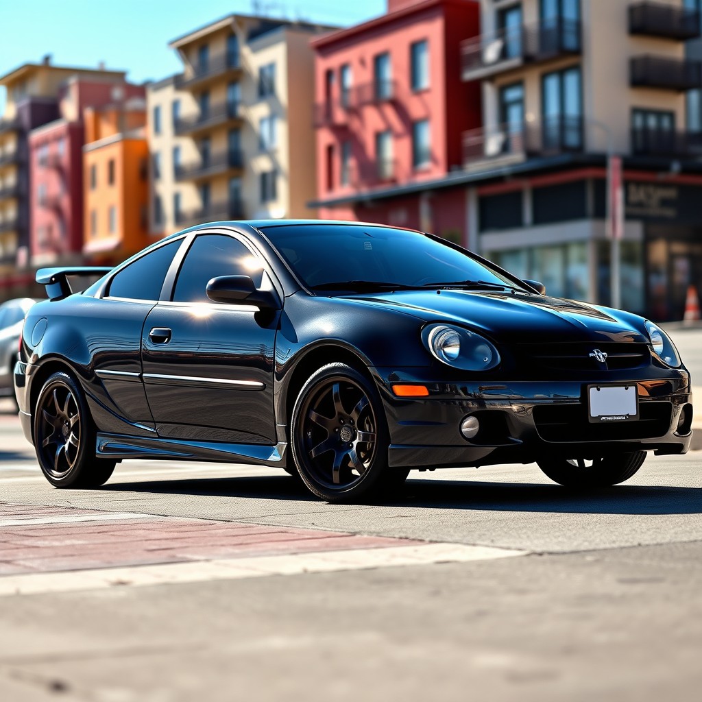 A stylish black 2005 Dodge Neon displayed on a scenic urban backdrop, featuring striking black rims that complement its sleek design
