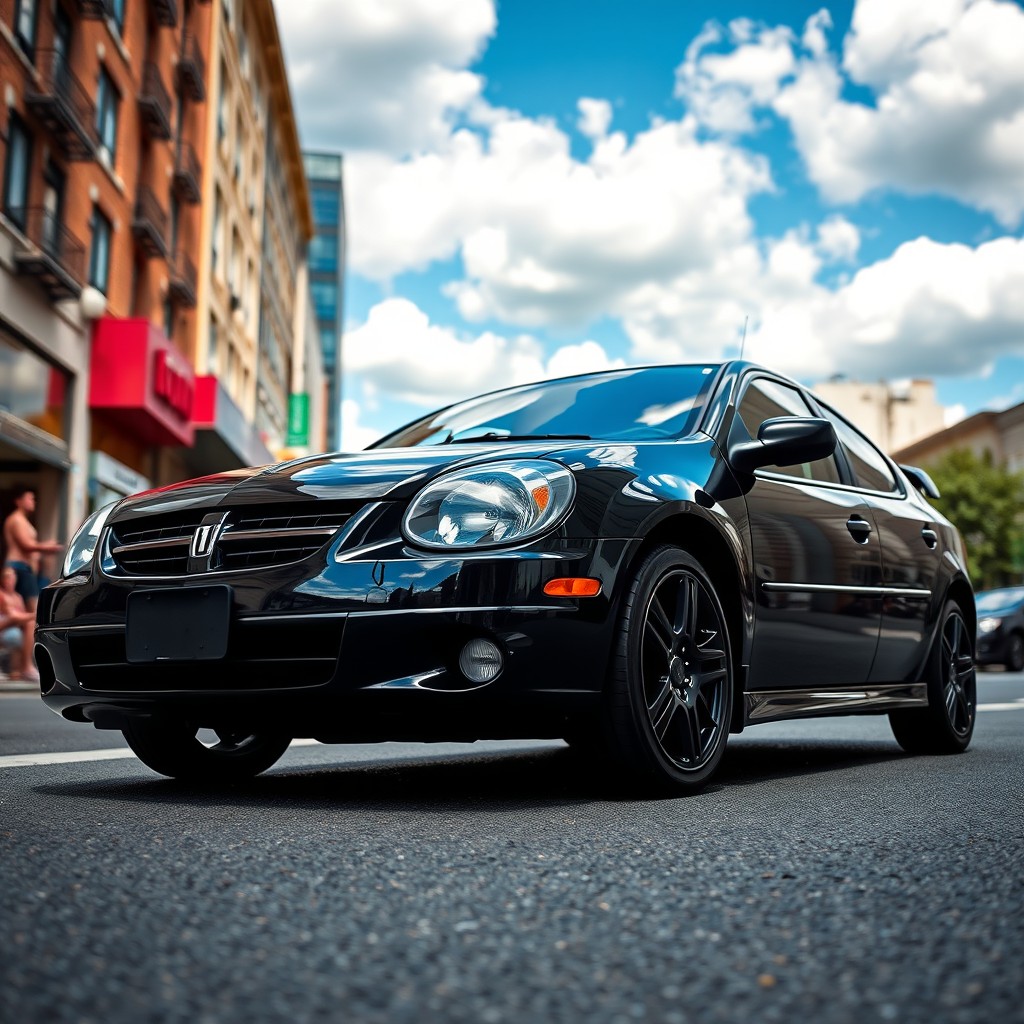 A striking black 2005 Dodge Neon positioned on a lively city street, featuring sleek black rims that enhance its sporty appearance