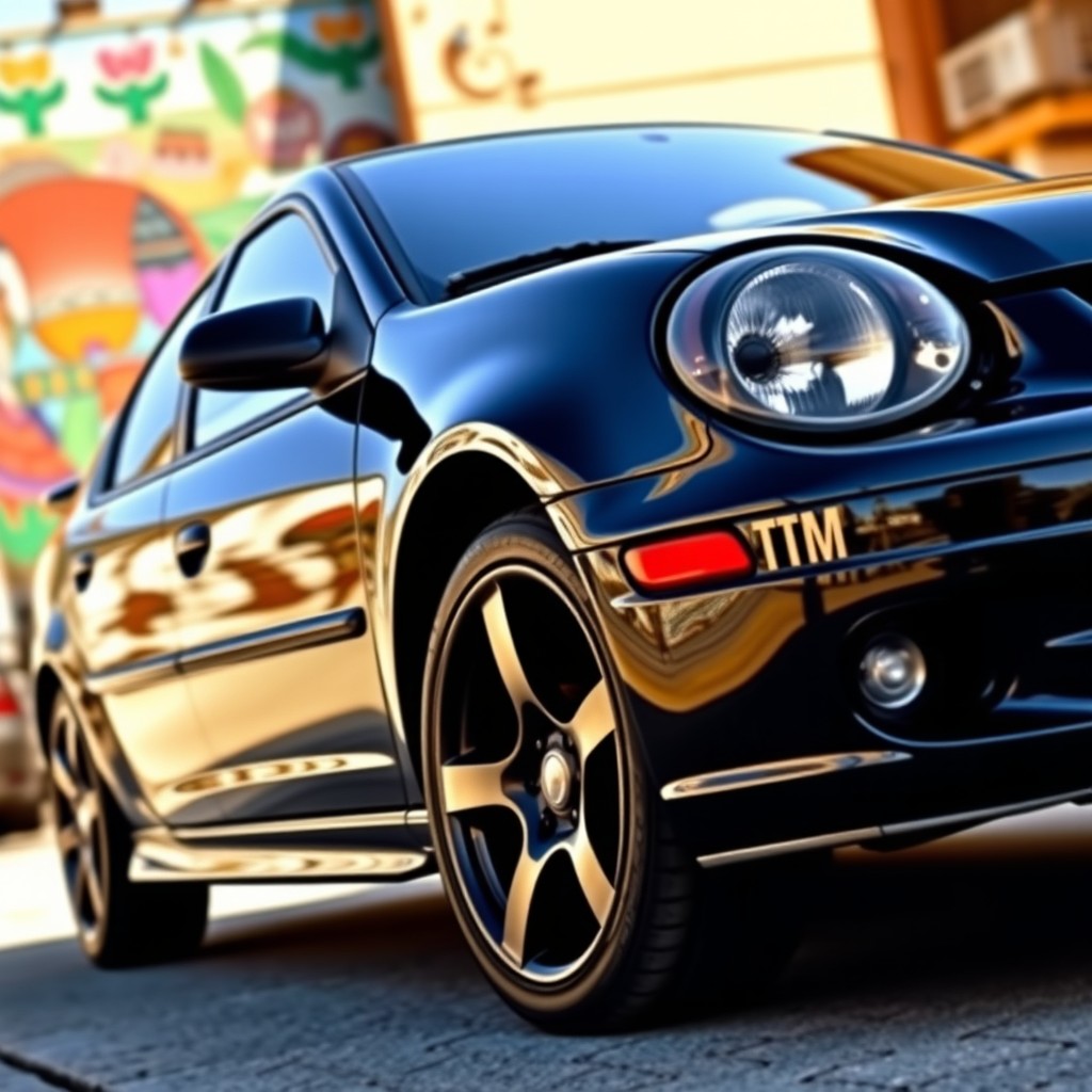 A striking black 2005 Mexican Dodge Neon showcased in an urban setting, featuring sleek black rims that enhance its sporty character