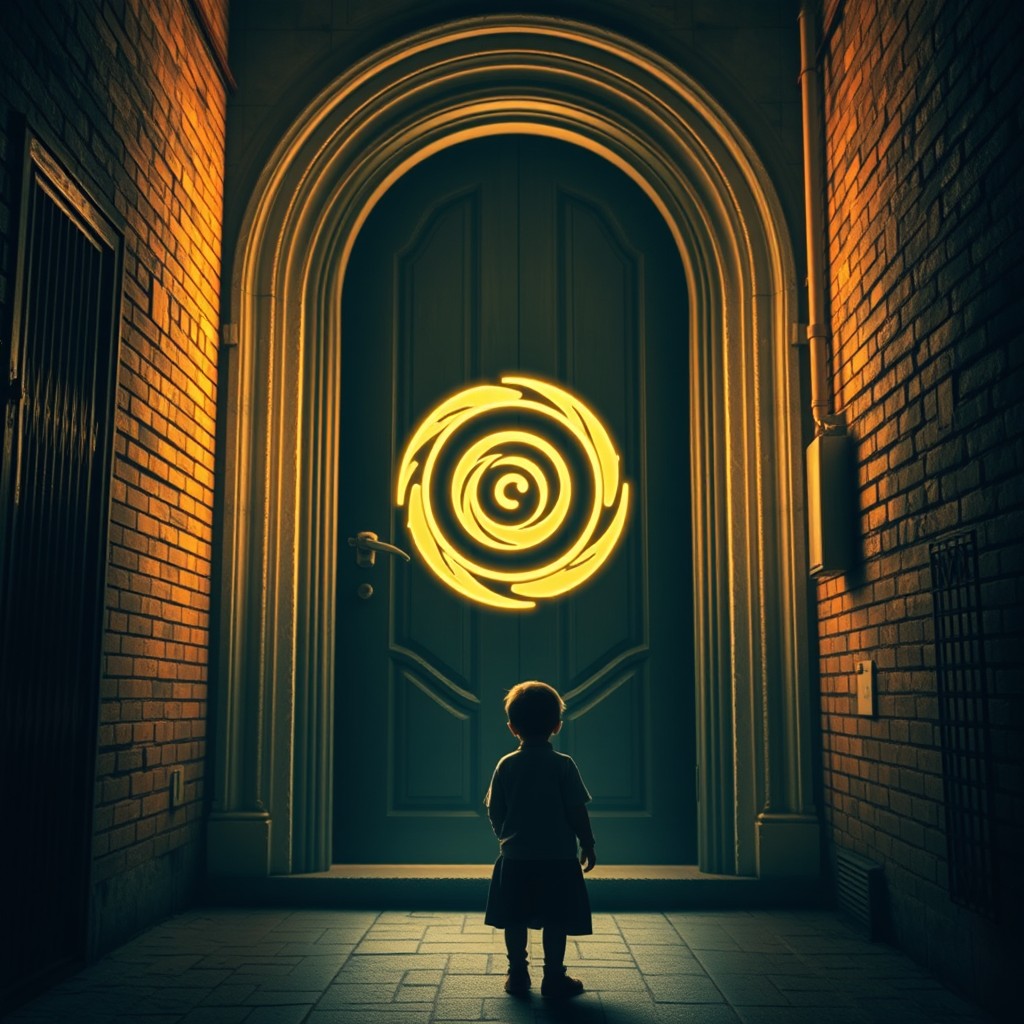 A massive door featuring a spiral symbol prominently displayed on it