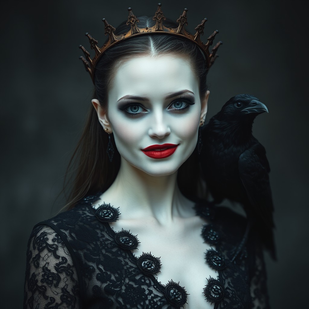 A hauntingly beautiful woman named Dama Ruina, with skin as white as plaster and completely black eyes