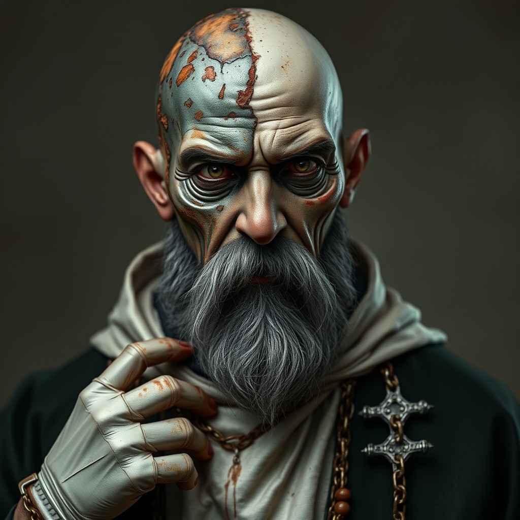 A character known as El Padre Oxidado, featuring a face that is half human and half metallic, with rust adorning the metallic side