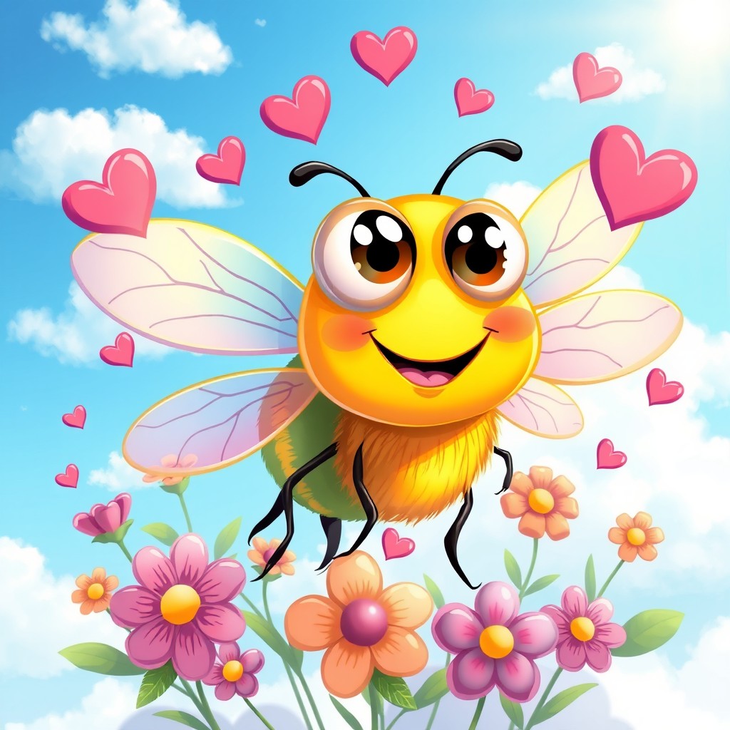 A whimsical and colorful illustration of a cartoon fly that is in love
