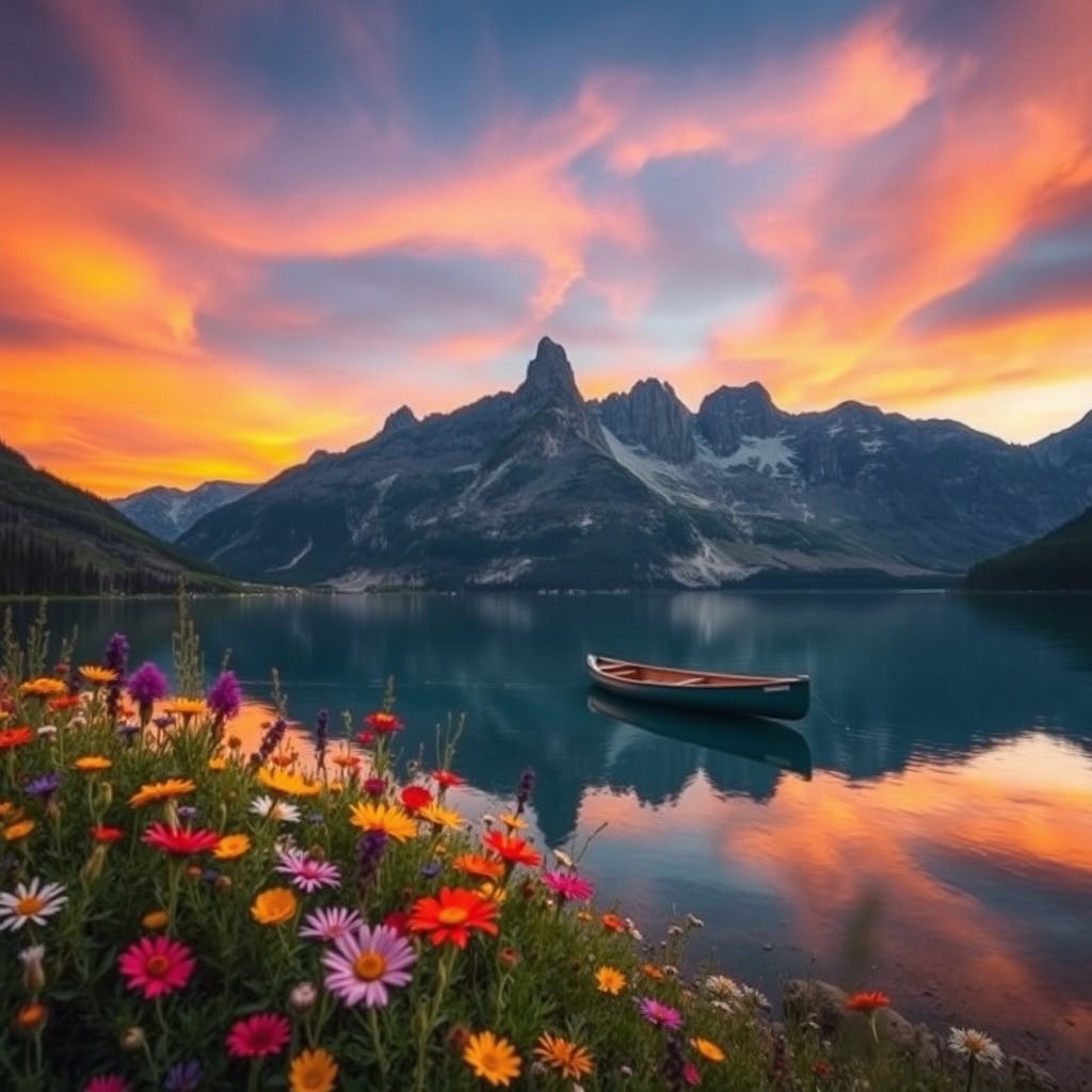 A stunning landscape featuring a crystal-clear lake surrounded by majestic mountains