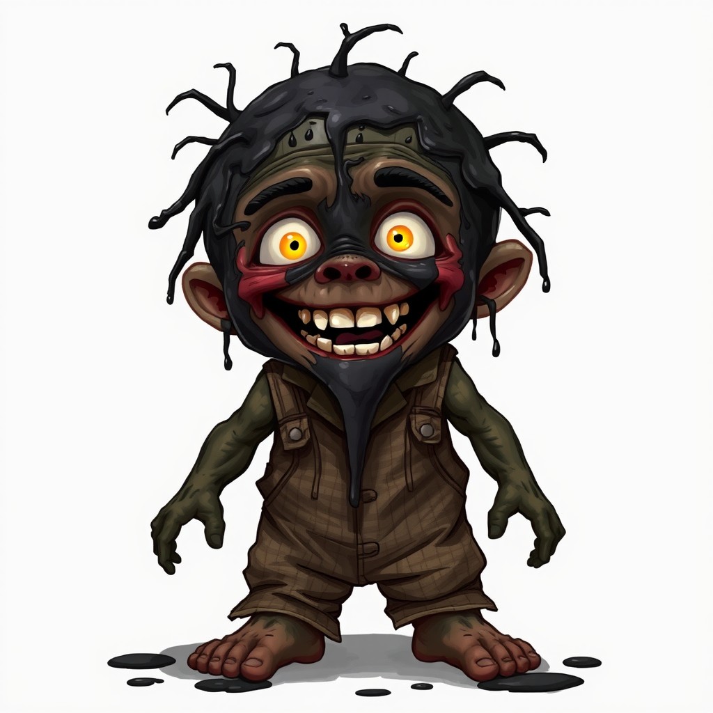 A character named Niño Alquitrán, with a face covered in tar, showing only his white teeth and bright yellow eyes