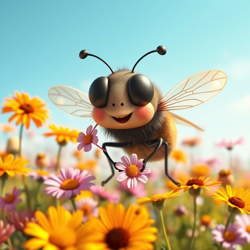 A charming and adorable large fly, anthropomorphized with a cute face and big eyes, displaying a playful expression of love