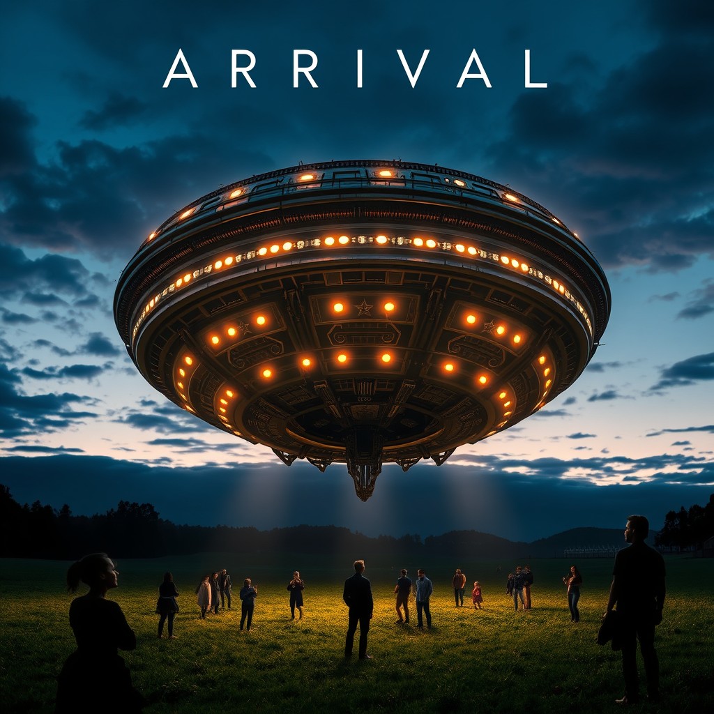 An eye-catching movie poster depicting an alien spaceship landing on a lush green landscape