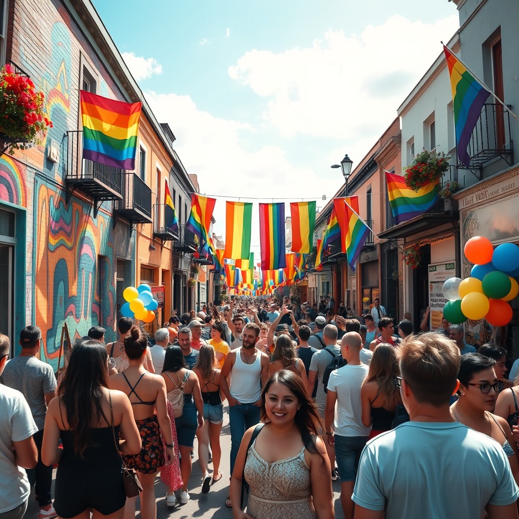A vibrant and artistic representation of a lively street scene embracing LGBTQ+ culture, featuring colorful murals and rainbow flags decorating the buildings along the street