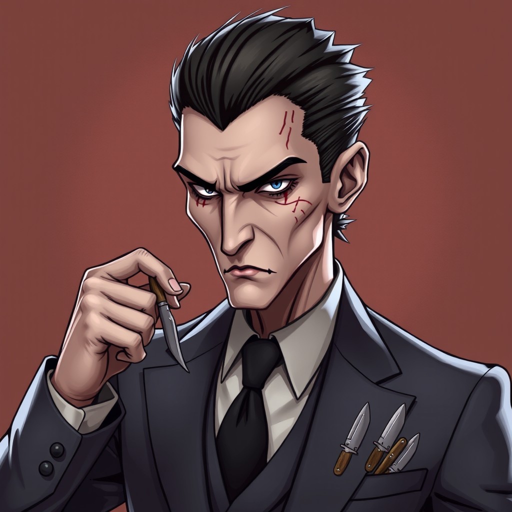 A character named Señor Daga, featuring a thin face with knife scars and slicked-back hair