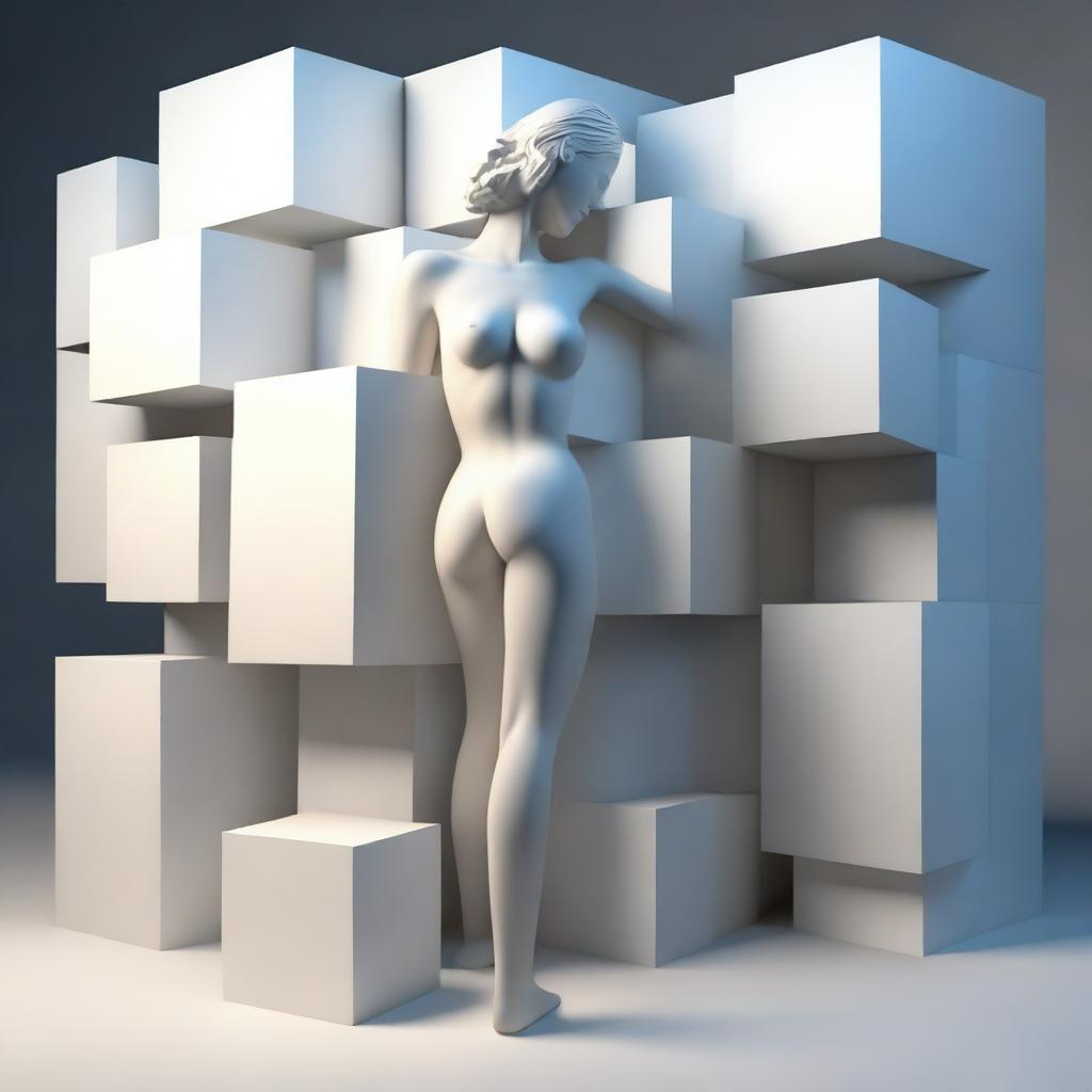 A high-quality 3D digital art piece featuring a complex arrangement of cubes, each positioned under the next