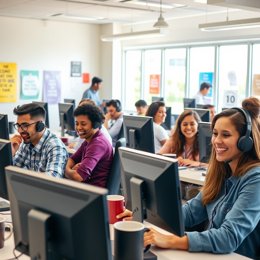 A cheerful call center scene with employees happily working at their desks, surrounded by modern technology and colorful office decor