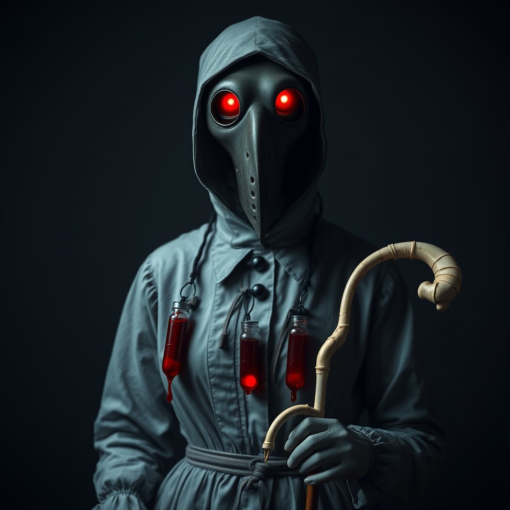 A mysterious figure known as Madame Peste, wearing a plague doctor's mask, with glowing red eyes peering from within