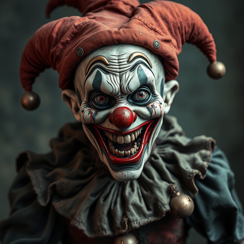 A haunting image of El Bufón Decadente, featuring a worn clown's face with blackened teeth and bleeding eyes
