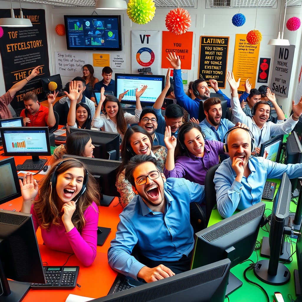 A vibrant and chaotic call center scene filled with a mix of crazy, exuberant employees, all displaying extreme emotions of happiness and madness