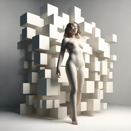 A high-quality 3D digital art piece featuring a complex arrangement of cubes, each positioned under the next