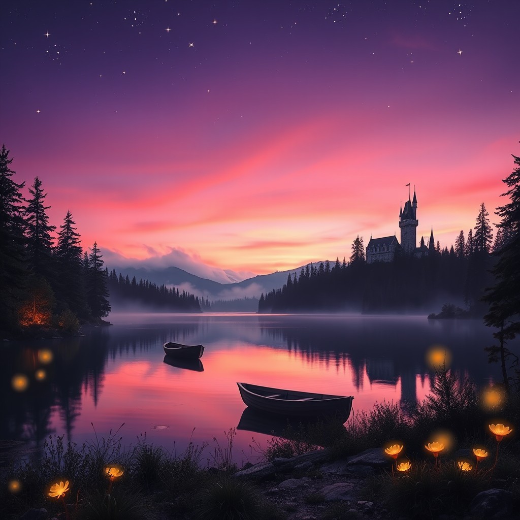 A mystical landscape featuring a serene lake surrounded by enchanted pine forests