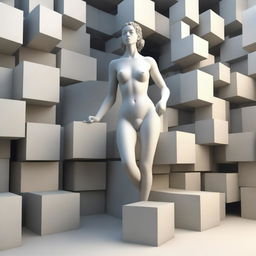 A high-quality 3D digital art piece featuring a complex arrangement of cubes, each positioned under the next