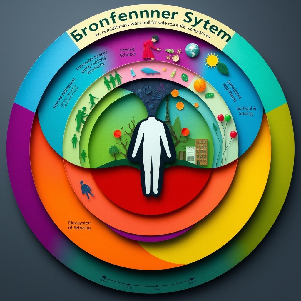 An abstract representation of Bronfenbrenner's ecological system theory, visually depicting the interconnected layers of a person's environment