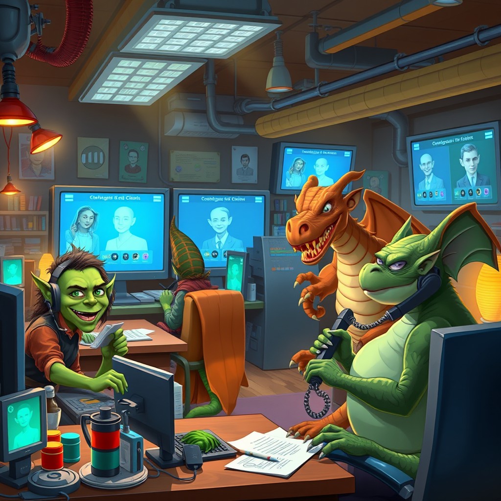 A vibrant and bustling call center filled with strange and fantastical creatures like a friendly green goblin using a headset, a tall, elegant elf typing notes, and a chubby dragon perched on a desk holding a phone