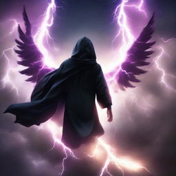 A mysterious man in a black hooded robe, wings shaped from vibrant lightning, courageously flying through the sky amidst a violent thunderstorm of a thousand thunderbolts.