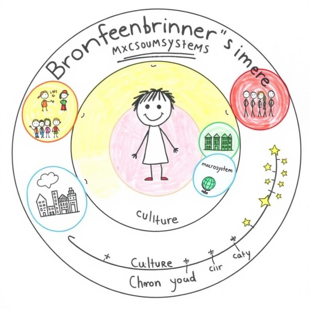 A simple, hand-drawn diagram illustrating Bronfenbrenner's ecological system theory with a playful and colorful approach