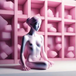 A high-quality 3D digital art piece featuring a series of pink glass cubes, each positioned under the next