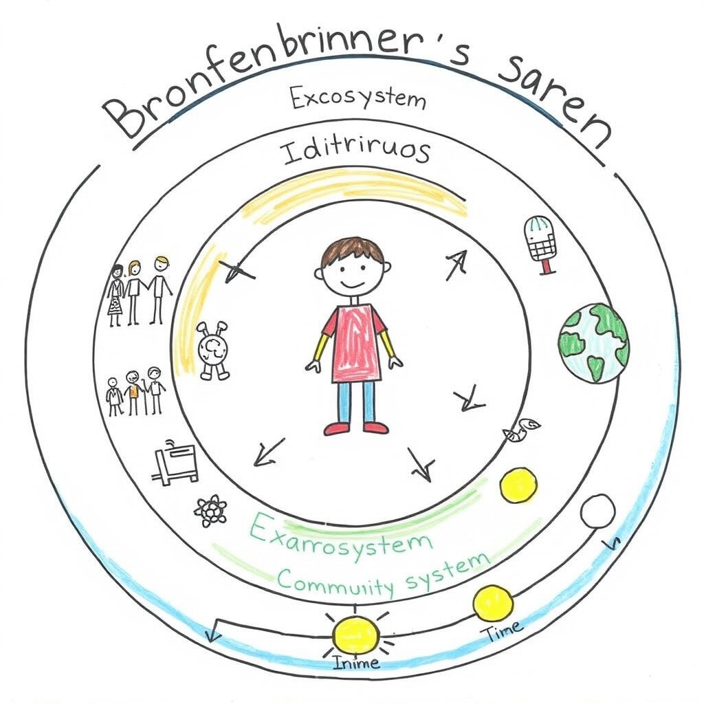 A straightforward, hand-drawn style illustration representing Bronfenbrenner's ecological system theory in a simplified manner