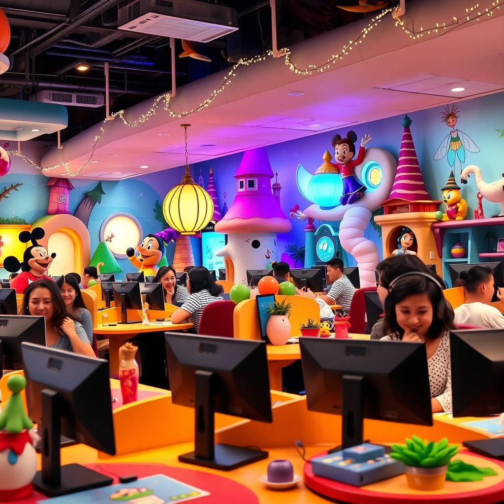 A whimsical and colorful Disney-style call center filled with animated characters, lively and cheerful atmosphere, employees smiling while interacting with clients, cartoonish desks with fun designs, bright lighting, magical decorations with fairy lights and characters from classic Disney films, friendly customer service agents, engaging technology in a fantastical way, a warm and inviting environment reminiscent of a fairytale world