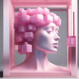 A high-quality 3D digital art piece featuring a series of pink glass cubes, each positioned under the next