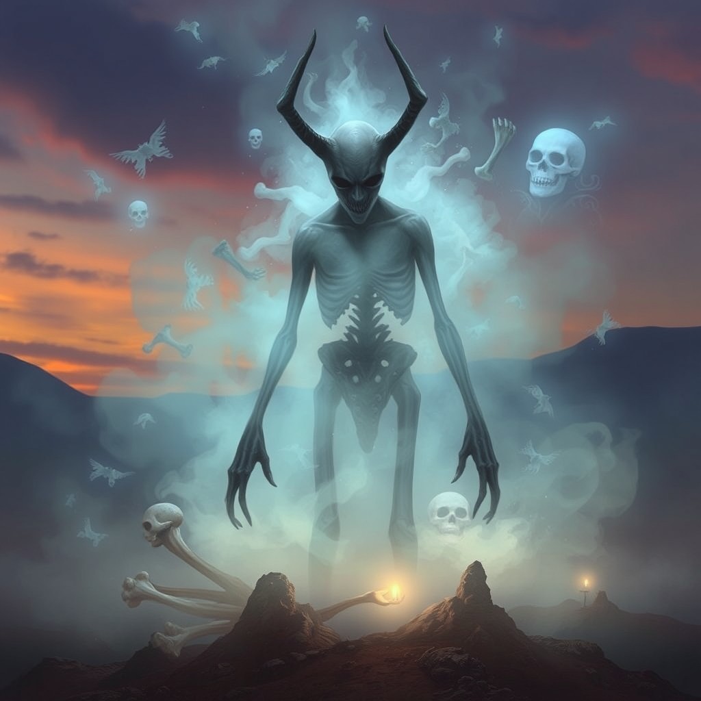 A faceless creature called VAK'ZUL, EL DESVINCULADO, surrounded by floating bones that do not touch its body