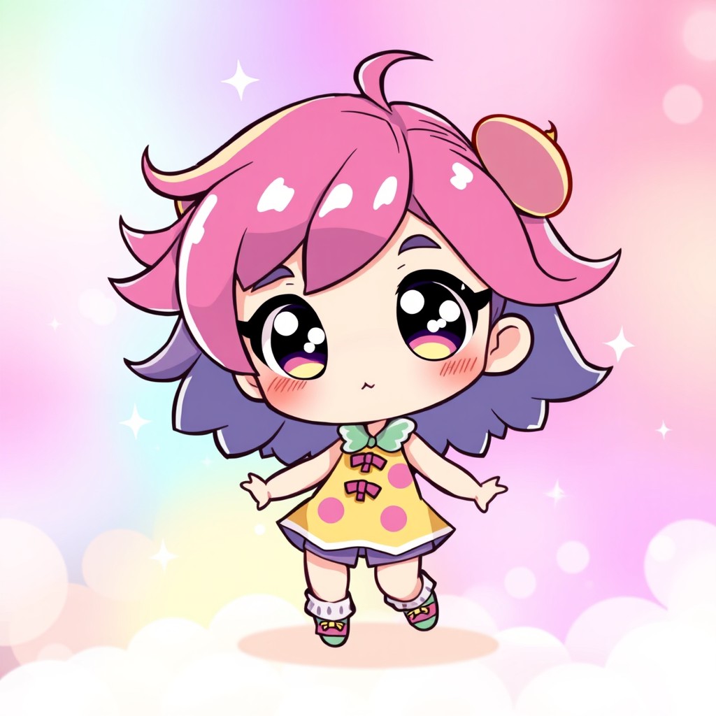 A whimsical chibi style character design featuring a cute, oversized head, large sparkling eyes, and a small body