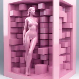 A high-quality 3D digital art piece featuring a series of pink glass cubes, each positioned under the next