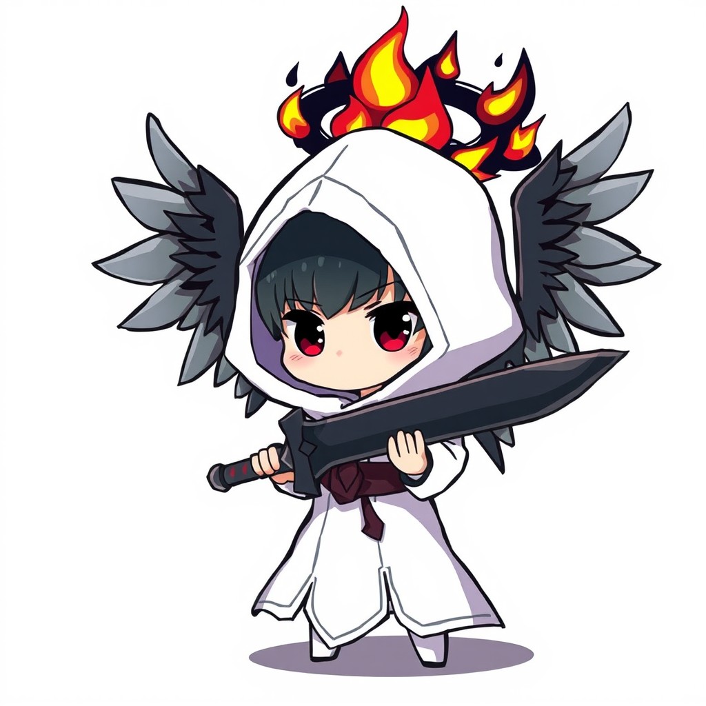 A chibi assassin character wearing a white hooded cloak, holding a dark sword