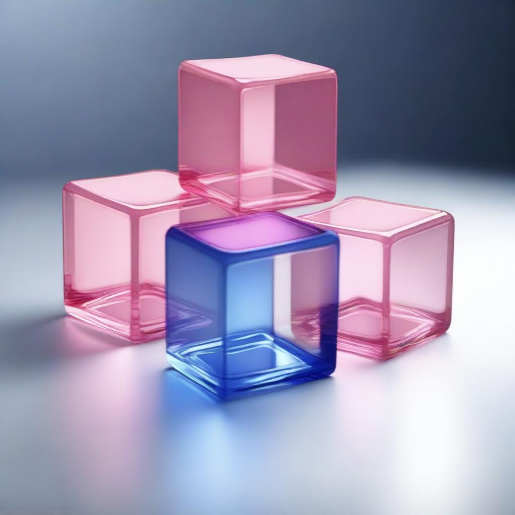 This is a high-quality 3D digital rendering of four pink glass cubes, each positioned under the next