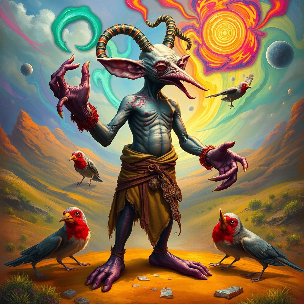 A unique and grotesque bard named K'Phen Del Canto Torcido, depicted with a deformed appearance characterized by multiple mouths located on his elbows and ears on his feet