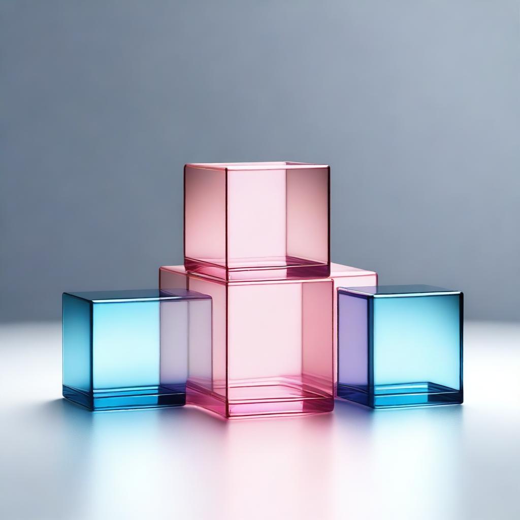 This is a high-quality 3D digital rendering of four pink glass cubes, each positioned under the next