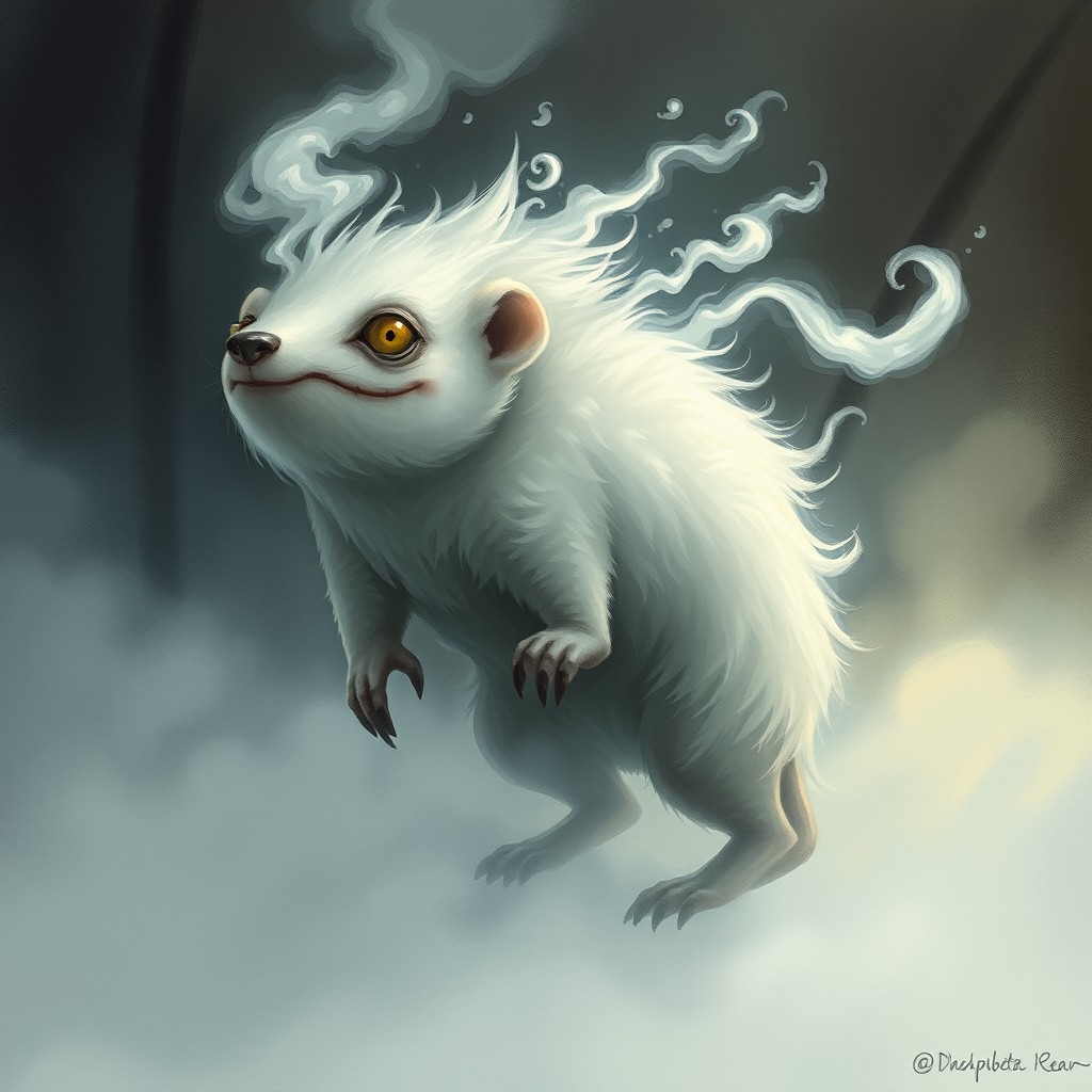 A mythical creature called "GÜME LA COMADREJALMA" that is half weasel and half fog, with a fluid and disintegrating form that seems to fall apart upon close observation