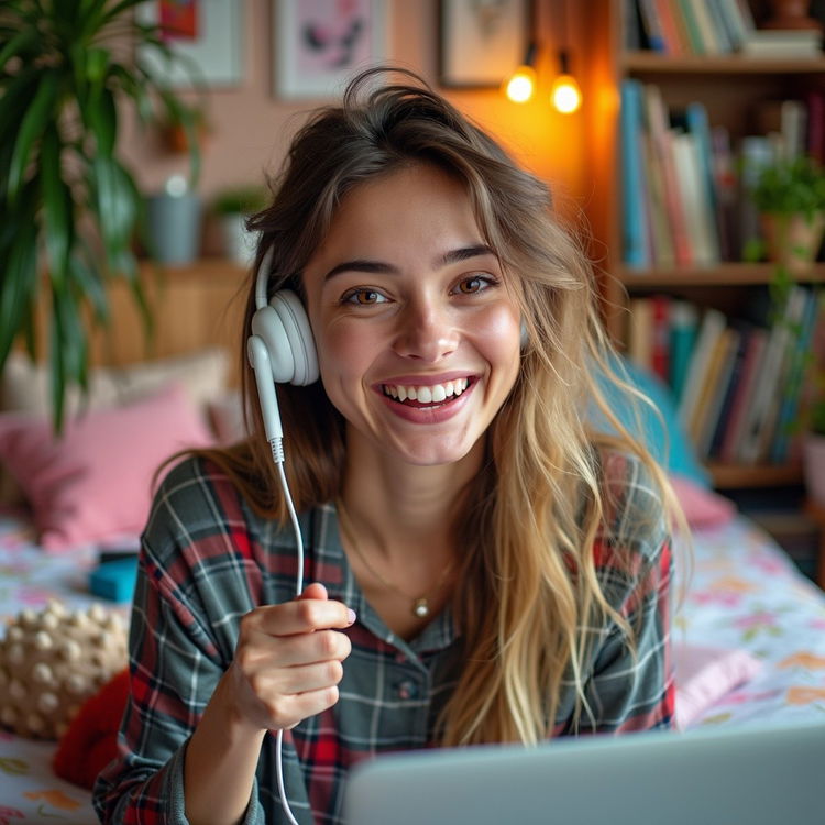 A casual setting featuring an attractive 27-year-old woman sitting in her room, talking into the camera while using old-school apple wired earbuds with a microphone on the wire