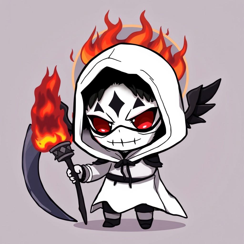 A chibi-style assassin character wearing a white hood, holding a dark scythe engulfed in dark flames